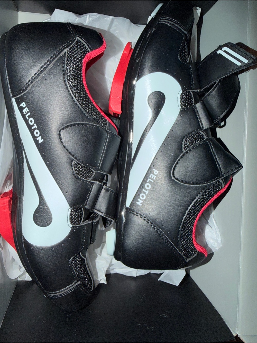 Peloton Black and White Cycling Shoe Pair with Red Accents